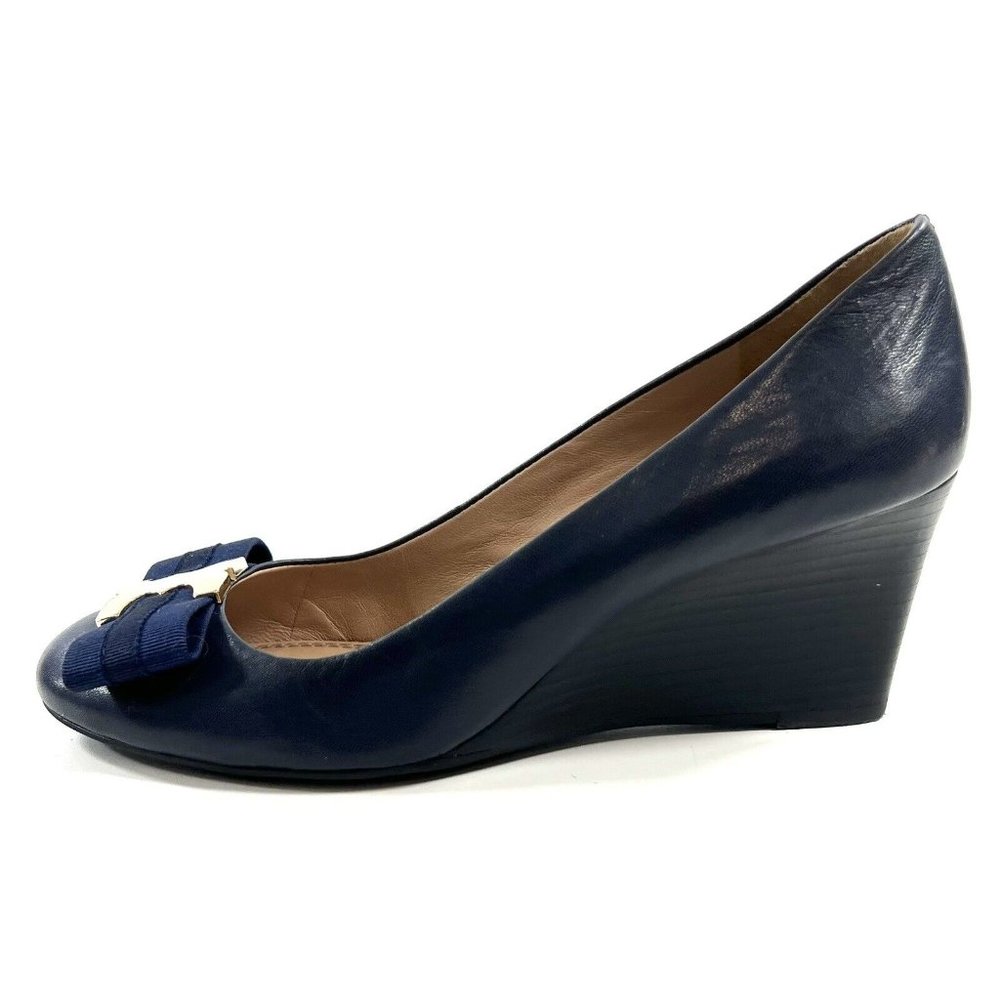 Tory Burch Gemini Link Bow Wedge Block Heel Pump Womens Size 7 Navy Leather Gold